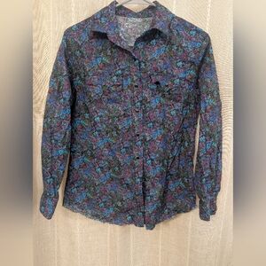 Men's Floral Button-Up Shirt in Black with Blue & Purple Accents